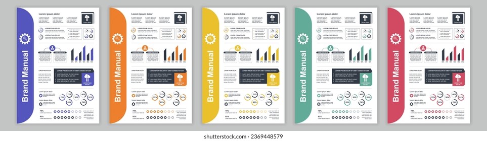 DIN A3 business brand manual templates set. Company identity brochure page with infographic financial data. Marketing research, and commercial offer. Vector layout design for poster, cover, brochure