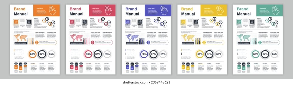 DIN A3 business brand manual templates set. Company identity brochure page with infographic financial data. Marketing research, and commercial offer. Vector layout design for poster, cover, brochure