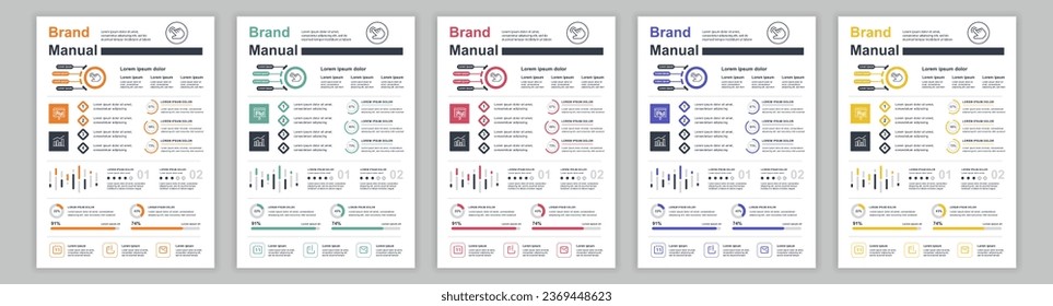 DIN A3 business brand manual templates set. Company identity brochure page with infographic financial data. Marketing research, and commercial offer. Vector layout design for poster, cover, brochure