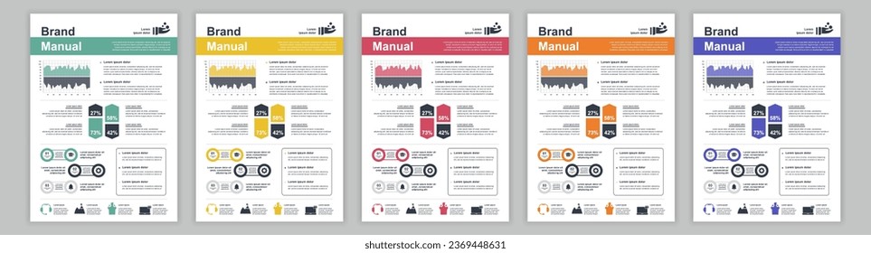 DIN A3 business brand manual templates set. Company identity brochure page with infographic financial data. Marketing research, and commercial offer. Vector layout design for poster, cover, brochure