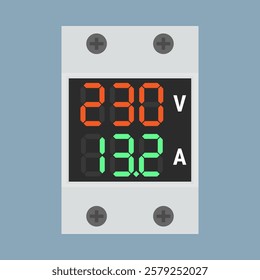 DIN rail voltage ampere meter with digital display. Flat style vector illustration