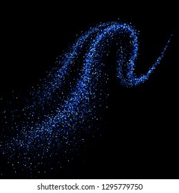 Dinamic blue trail with sparkling particles. Abstract motion of vortex wavy lines. Effect of spray, atomizing and fog isolated on black background