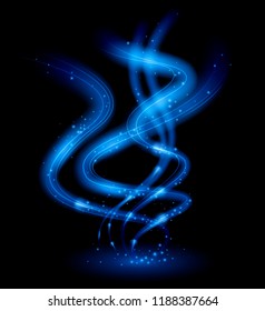 Dinamic blue waves with sparks. Magicalc isolated light effect on black background