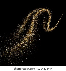 Dinamic golden trail with sparkling particles. Abstract motion of vortex wavy lines. Effect of spray, atomizing and fog isolated on black background