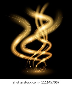 Dinamic golden waves with sparks. Magical isolated light effect on black background. Vector illustration