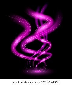 Dinamic purple waves with sparks. Magic isolated light effect on black background