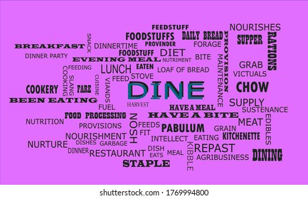 Dine text presented in grey color with multiple related words on pink background vector abstract background.