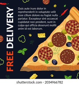Diner or bistro service, pizza free delivery from pizzeria. Italian cuisine, ordering dishes. Menu with promo. Promotional banner or poster, cafe or restaurant discounts. Vector in flat style