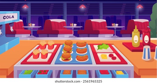 Diner cafe interior with fast food bar. Vector flat illustration of red sofa with table, French fries, hamburger, hot dog and soda cooler. Vintage American restaurant furniture and equipment