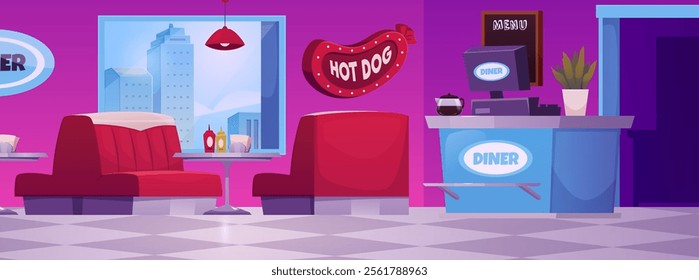 Diner cafe interior with Hot dog signboard. Vector flat illustration of red sofa with table, menu board, bar counter, window with cityscape view. Vintage fast food restaurant, American retro cafe