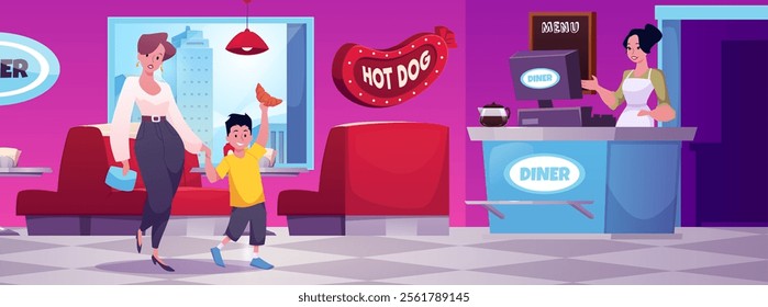 Diner cafe interior with Hot dog signboard, boy and woman customers. Vector flat illustration of red sofa with table, menu board, counter with seller. Vintage fast food restaurant, American urban cafe