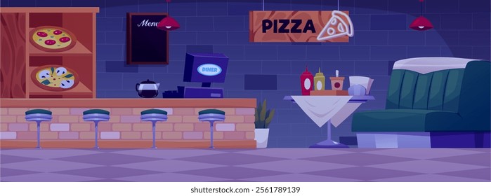 Diner cafe interior with Pizza signboard in the dark. Vector flat illustration of sofa with table, menu board, bar counter, showcase with various pizzas. Vintage American fast food restaurant at night