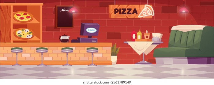 Diner cafe interior with Pizza signboard. Vector flat illustration of sofa with table, menu board, bar counter, showcase with various pizzas. Vintage fast food restaurant, American retro cafe