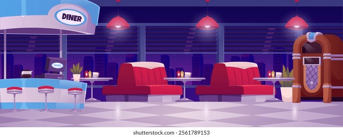 Diner cafe interior. Vector flat illustration of red sofa with table, bar counter, music machine, window with cityscape view, light from lamps. Vintage fast food restaurant, American retro cafe