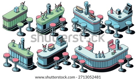 Diner counters with food and drinks in retro style