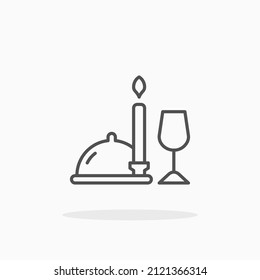 Cenar con un plato, vidrio y un icono de la línea de fuego de velas. Actrazo editable y píxel perfecto. Se puede usar para productos digitales, presentación, diseño de impresión y más.