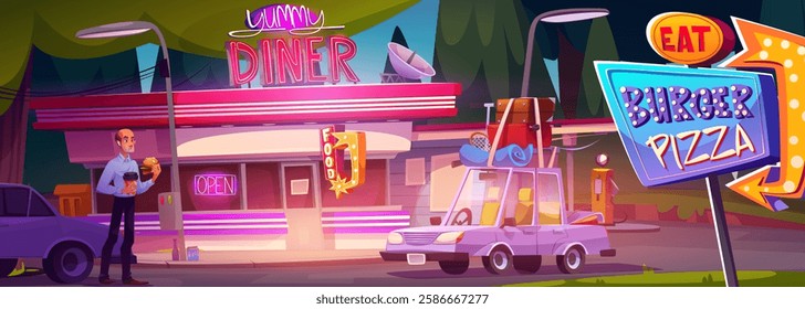 Diner exterior with cartoon eating man walking outside - gas station roadside building, glowing signs, parked cars, customer with burger. Retro style restaurant landscape for game background.