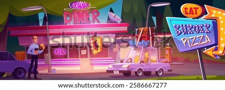 Diner exterior with cartoon eating man walking outside - gas station roadside building, glowing signs, parked cars, customer with burger. Retro style restaurant landscape for game background.