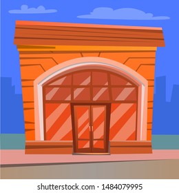 Diner exterior, facade of restaurant. Flat style building in city, cityscape with skyscraper, urban style of diner. Redbrick construction eatery. Vector illustration in flat cartoon style
