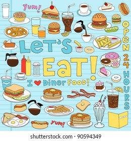 Diner Food Tasty Hand-Drawn Fast Food Notebook Doodle Design Elements Set on Lined Sketchbook Paper Background- Vector Illustration