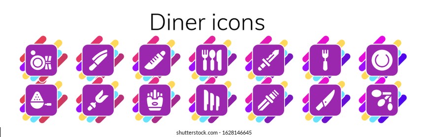 diner icon set. 14 filled diner icons.  Simple modern icons such as: Plate, Spoon, Knife, Fork, Fries, Cutlery, Knives, Spoons