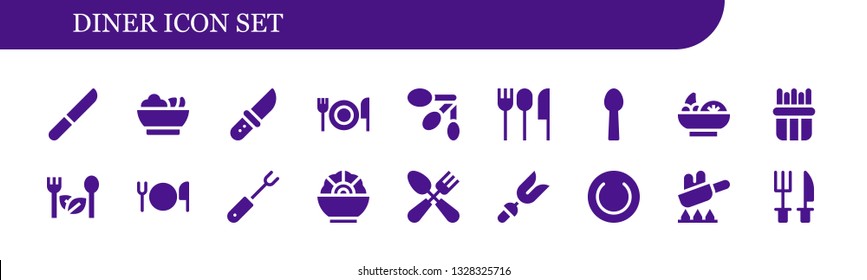 diner icon set. 18 filled diner icons.  Simple modern icons about  - Knife, Salad, Fork, Spoons, Cutlery, Spoon, French fries, Plate, Fry