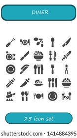 diner icon set. 25 filled diner icons.  Simple modern icons about  - Fork, Spoons, Spoon, Knife, Plate, Salad, Cutlery, Fry