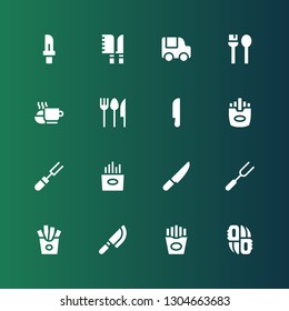diner icon set. Collection of 16 filled diner icons included Knifes, Fries, Knife, Fork, Cutlery, Meal, Utensils, Food truck, Knives