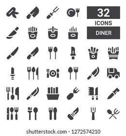 diner icon set. Collection of 32 filled diner icons included Cutlery, Fork, Knife, Utensils, Knives, Fries, Eating utensils, Food truck, Dinner, French fries