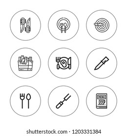 Diner icon set. collection of 9 outline diner icons with cutlery, dinner, fork, knife, french fries icons. editable icons.