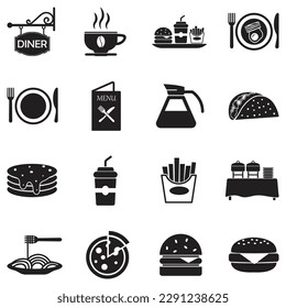 Diner-Symbole. Schwarzes Flachdesign. Vektorgrafik.