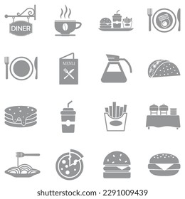 Diner Iconos. Diseño plano gris. Ilustración vectorial.