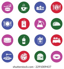 Diner Icons. White Flat Collection In Circle. Vector Illustration.