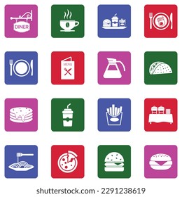 Diner Icons. White Flat Collection In Square. Vector Illustration.
