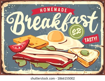 Diner menu sign with fried egg, cheese, bacon, olive tomato and toast. Breakfast menu retro wall decor print sample. Vector food ad.