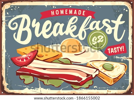 Diner menu sign with fried egg, cheese, bacon, olive tomato and toast. Breakfast menu retro wall decor print sample. Vector food ad.