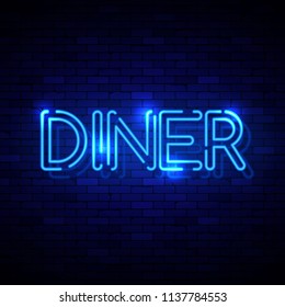 Diner neon sign on the brick wall. Vector Illustration