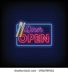 Diner Open Neon Signs Style Text Vector