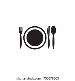 Diner restaurant plate and silverware black vector icon isolated on white background