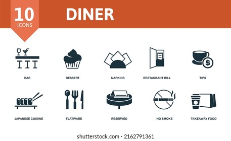Diner set icon. Editable icons diner theme such as bar, napkins, tips and more.