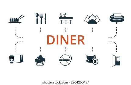 Diner set icon. Editable icons diner theme such as bar, napkins, tips and more.