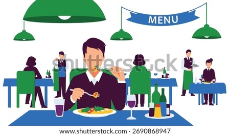 Diners Enjoy a Meal in a Lively Restaurant Atmosphere with Menu Above