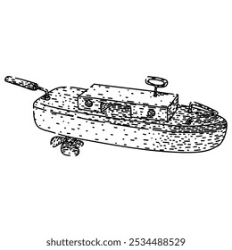 Schlauchboot handgezeichnet. Floßkreuzer, Schleppkatamaran, Paddel Dampf Schlauchboot Boot Vektor Skizze. einzelne schwarze Illustration