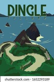 Dingle Ireland Vector Illustration Background. Travel to Dingle Peninsula Southwest Ireland. Flat Cartoon Vector Illustration in Colored Style.