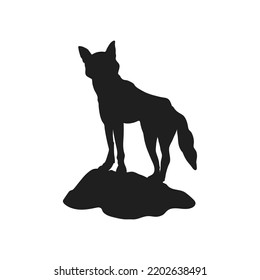 Dingo on rock black silhouette. Isolated australian dog. Young wolf on hill. Wildlife scenery. Wild fox portrait. Vector illustration