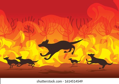 Dingo Running From Forest Fires In Australia Animals Dying In Wildfire Bushfire Burning Trees Natural Disaster Concept Intense Orange Flames Horizontal Vector Illustration