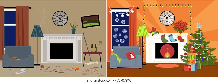 Dingy Messy Family Room Transformed Into A Cozy Decorated For Christmas Room, EPS 8 Vector Illustration