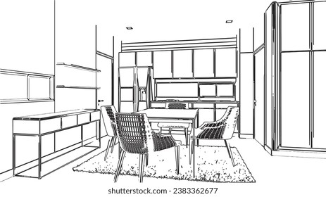 dibujos de zona de comedor de estilo moderno, renderización 3d