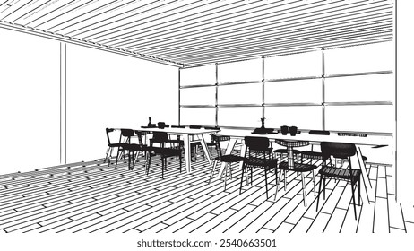 Dibujos del área del comedor en estilo moderno, representación 3D