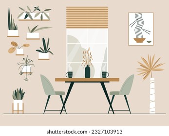 Comedor en la cocina o sala de estar con mesa, sillas, ventana y plantas. Ilustración vectorial. Decoración moderna. Estilo de vida sostenible. Jungla de inicio